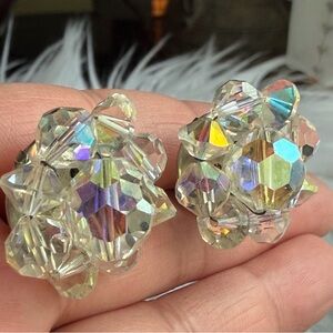 VINTAGE | Large Aurora Borealis AB Crystals Silver Clip-On Earrings